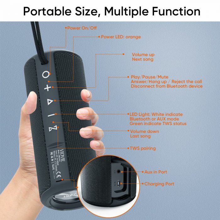 VIDVIE Universal Portable IPX6 Waterproof Bluetooth Speaker WGC3401 Black 4